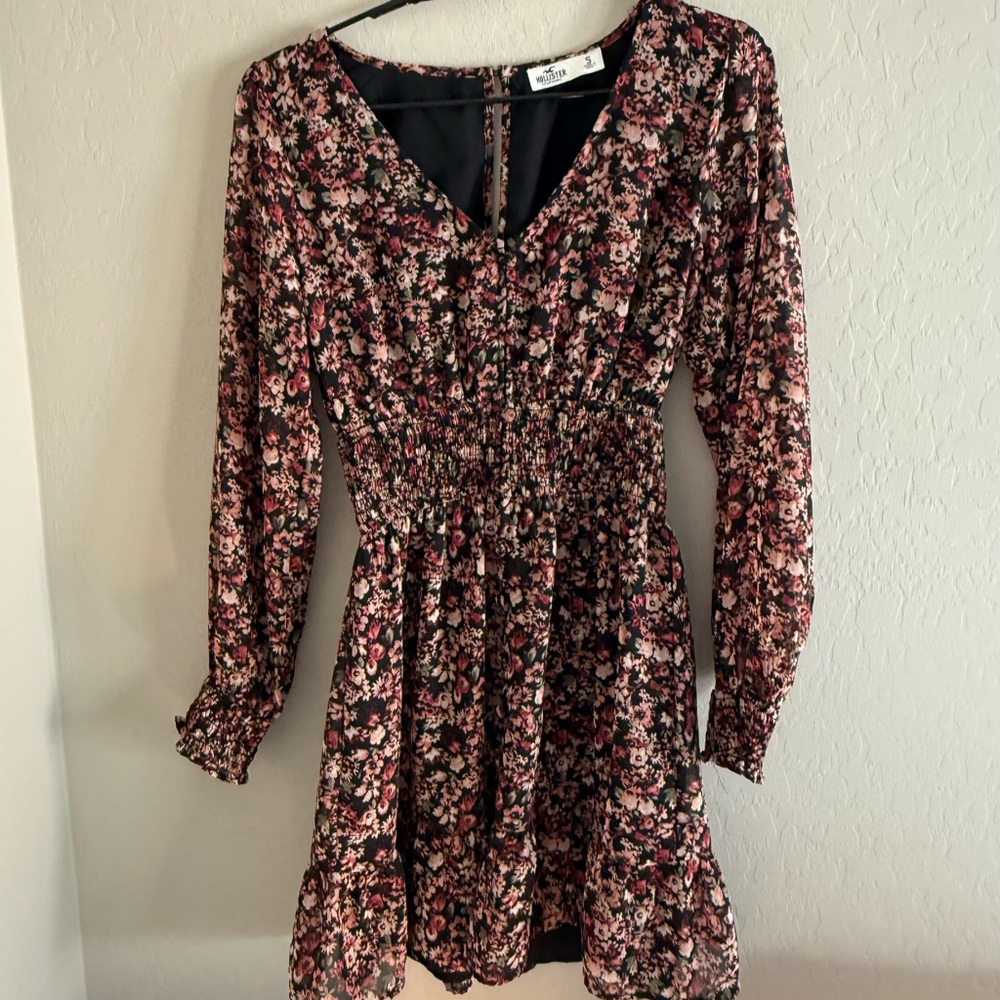 Hollister Pink Red Floral Long Sleeve Spring Dress Small